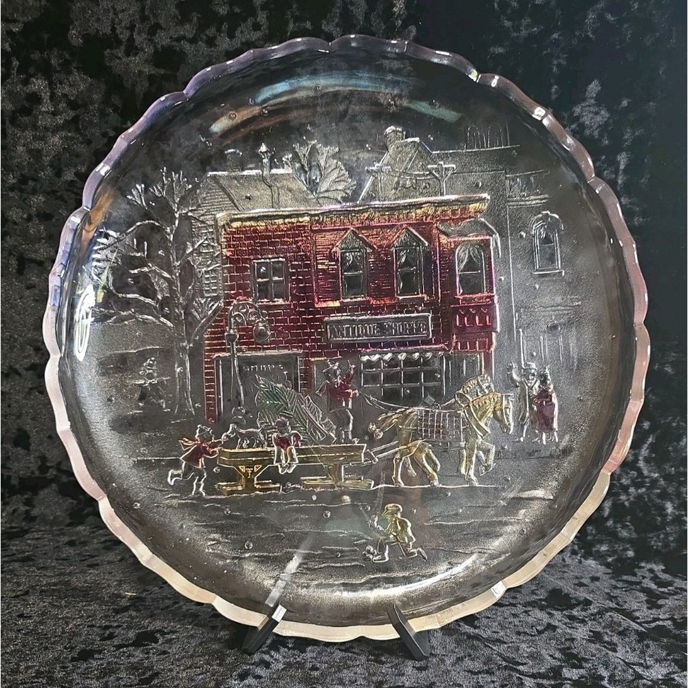 Vintage Crystal Clear Studios Winter Traditions 14-Inch Glass Christmas Platter